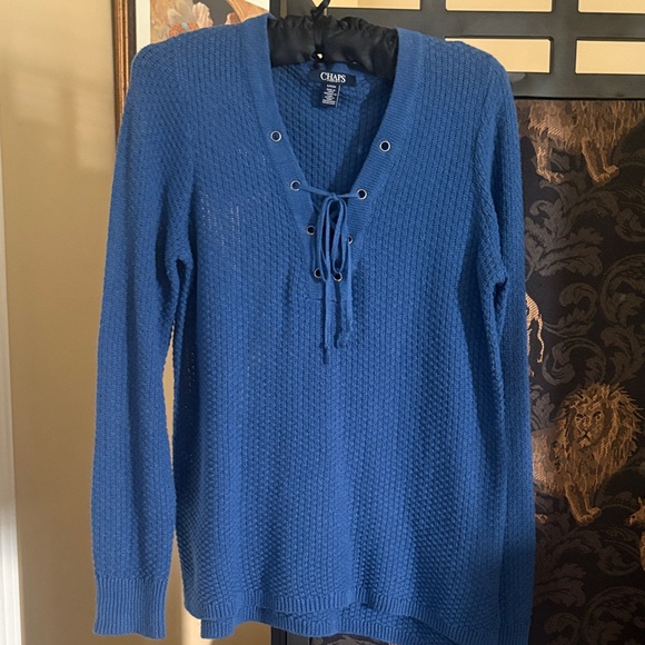 Chaps Women's Lace-Up Blue V-Neck Sweater - Picture 1 of 3